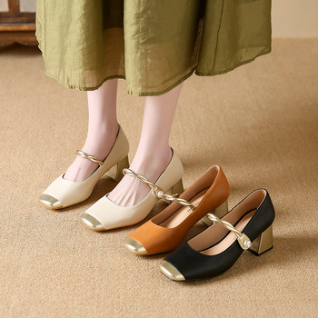 Ψηλοτάκουνη φούστα με δερμάτινο τακούνι 2025 με γαλλικό ρετρό φθινόπωρο παπούτσια με τετράγωνη μύτη, παπούτσια Mary Jane, κομψά γυναικεία παπούτσια All-match