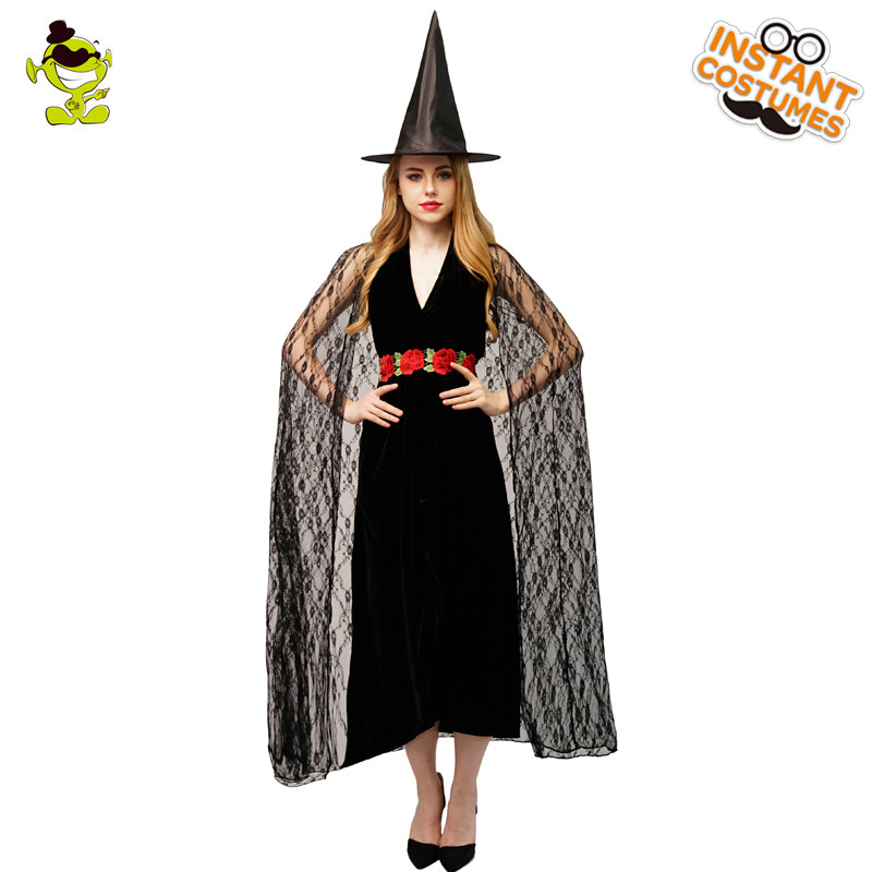 Täiskasvanud naissoost Halloweeni cosplay nõia kostüüm elegantne nõia kostüüm lavaetenduse kostüüm