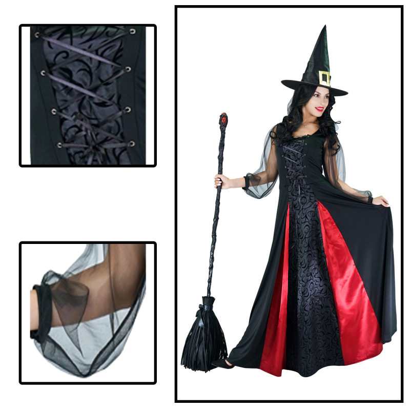 Täiskasvanud naissoost Halloweeni cosplay nõia kostüüm elegantne nõia kostüüm lavaetenduse kostüüm