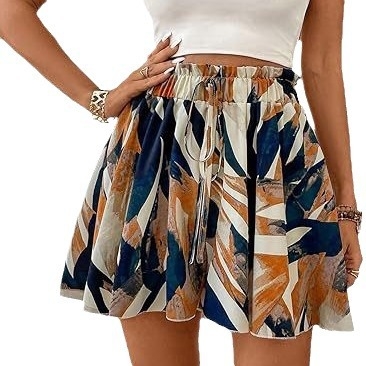 Amazon Explosive női teljes testre nyomtatott papír derékcsomós alkalmi magas derekú, széles szárú, laza rövidnadrág
