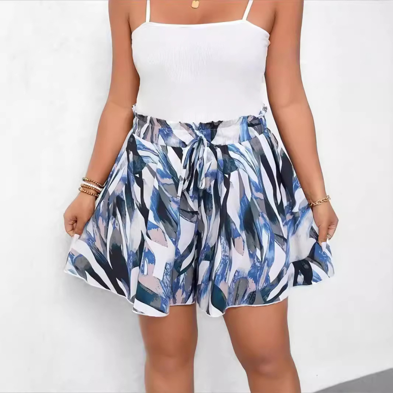 Amazon Explosive női teljes testre nyomtatott papír derékcsomós alkalmi magas derekú, széles szárú, laza rövidnadrág