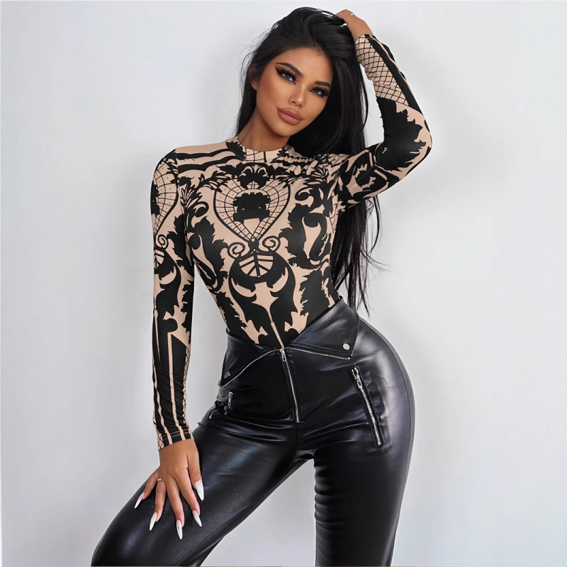 Σέξι γυναικεία ολόσωμη φόρμα με ευρωπαϊκό και αμερικανικό τυπωμένο τοπ και λεπτό γιακά