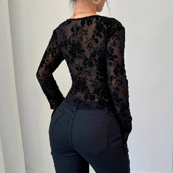 Európai és amerikai határokon átnyúló Amazon 2025 új őszi és téli női V-nyakú csipkehálós, harang alakú ujjú póló felsők nőknek