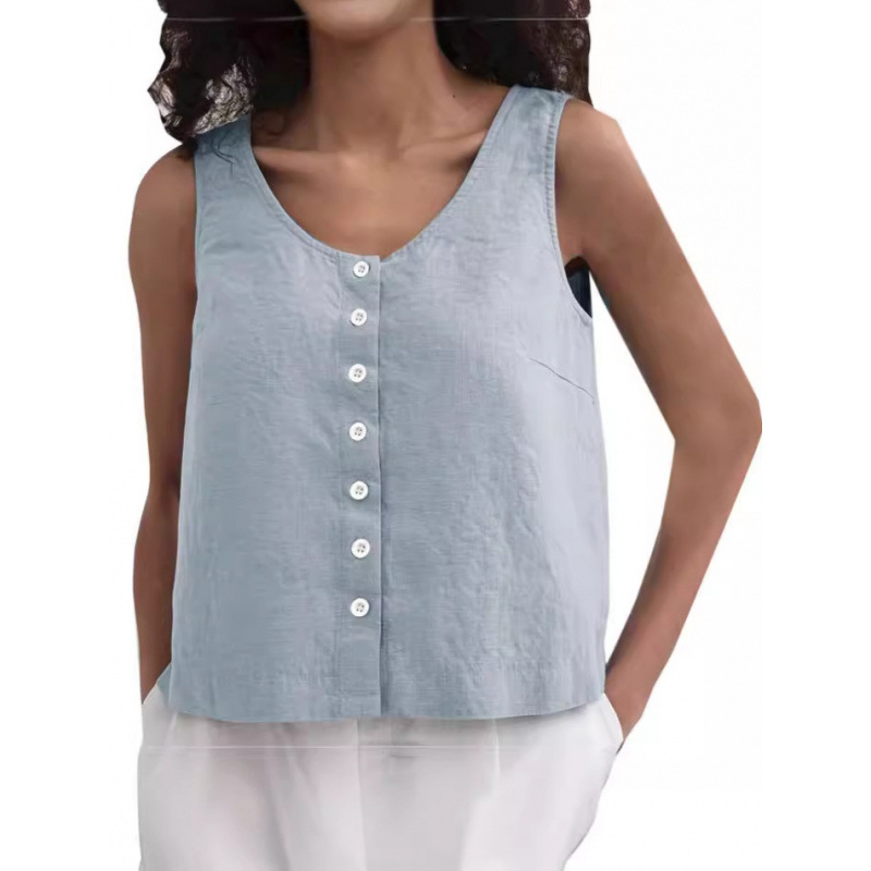 Határokon átnyúló Amazon 2024 francia laza gombos mellény, lenvászon, relaxációs, mindenhez illő, kényelmes ujjatlan felső