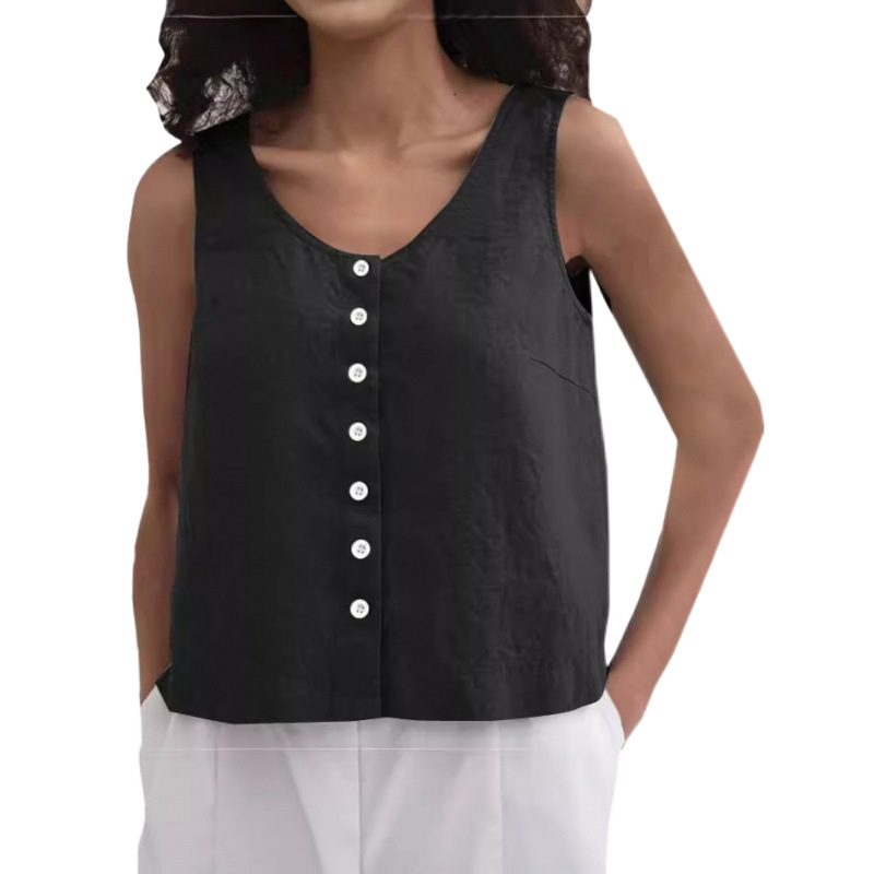 Határokon átnyúló Amazon 2024 francia laza gombos mellény, lenvászon, relaxációs, mindenhez illő, kényelmes ujjatlan felső