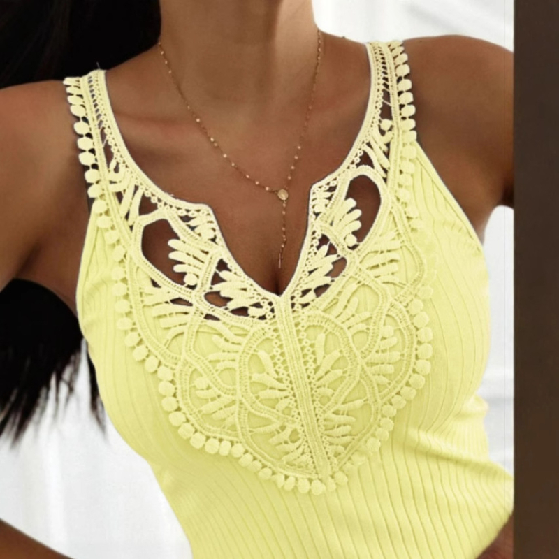 Amazon európai és amerikai külkereskedelmi női új csipke applikációval díszített egyszínű póló, V-nyakú, karcsúsított mellényfelső