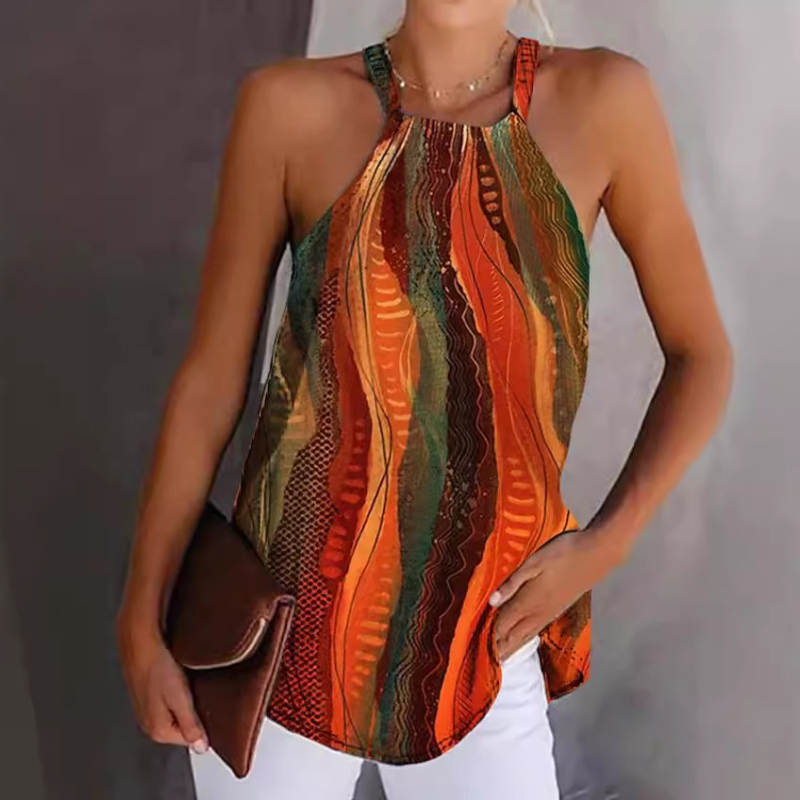 2024 nyári új, határokon átnyúló TEMU európai és amerikai női lógó nyakú, ujjatlan, batikolt, lezser mellény, póló, felső