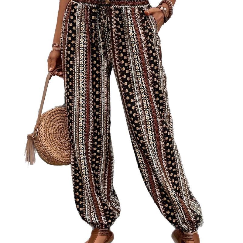 Tavaszi és nyári női európai és amerikai stílusú bohém etnikai mintás laza, karcsúsító megjelenésű, drapézott, rugalmas derekú, hétköznapi nadrág