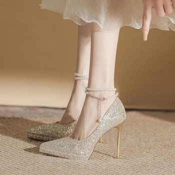 Gyöngyös vízálló platformos magassarkú, szuper magas sarkú cipők nőknek 2025 tavasz és nyár új hegyes orrú stiletto pezsgőszínű kristályos menyasszonyi esküvői cipők