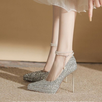 Ψηλοτάκουνα με Αδιάβροχη Πλατφόρμα, Υπέροχα Ψηλοτάκουνα για Γυναικεία Άνοιξη και Καλοκαίρι 2025, Νέα Νυφικά Παπούτσια Stiletto με Μυτερές Μύτες και Σαμπάνια Κρύσταλλο