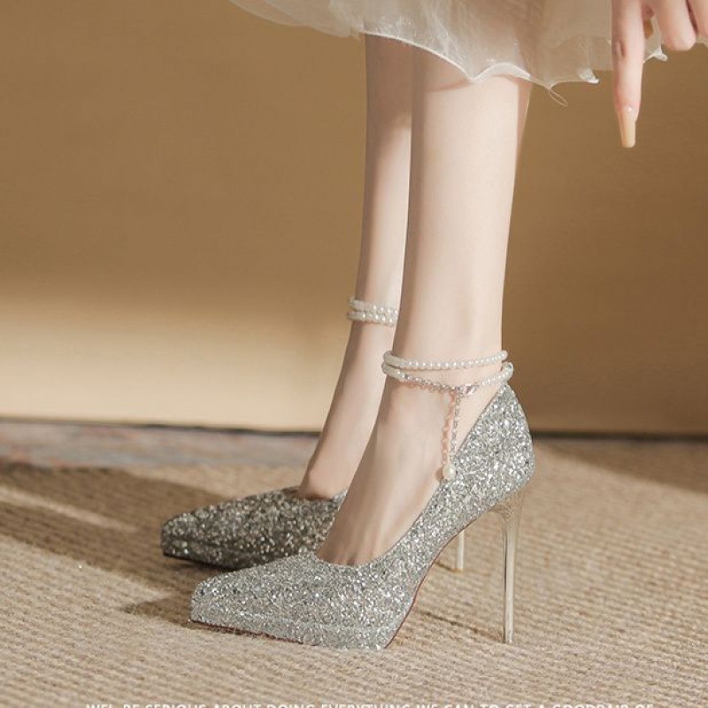 Gyöngyös vízálló platformos magassarkú, szuper magas sarkú cipők nőknek 2025 tavasz és nyár új hegyes orrú stiletto pezsgőszínű kristályos menyasszonyi esküvői cipők