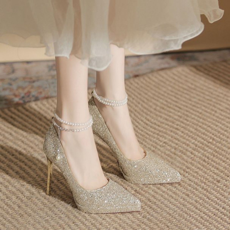 Gyöngyös vízálló platformos magassarkú, szuper magas sarkú cipők nőknek 2025 tavasz és nyár új hegyes orrú stiletto pezsgőszínű kristályos menyasszonyi esküvői cipők