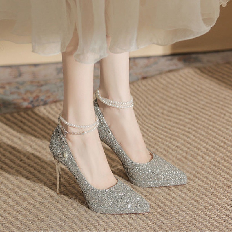 Gyöngyös vízálló platformos magassarkú, szuper magas sarkú cipők nőknek 2025 tavasz és nyár új hegyes orrú stiletto pezsgőszínű kristályos menyasszonyi esküvői cipők