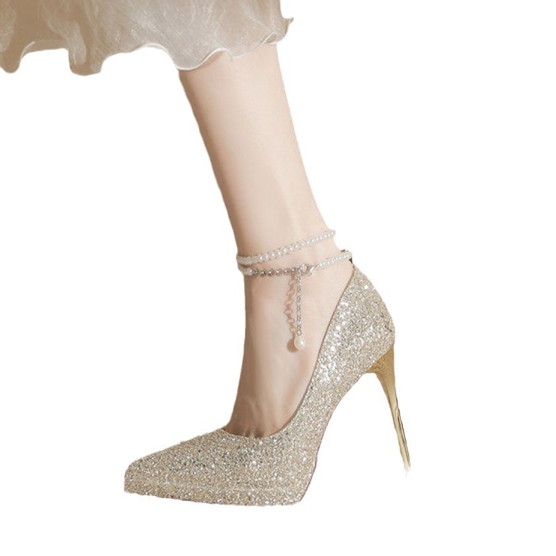 Gyöngyös vízálló platformos magassarkú, szuper magas sarkú cipők nőknek 2025 tavasz és nyár új hegyes orrú stiletto pezsgőszínű kristályos menyasszonyi esküvői cipők