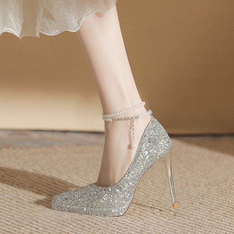Gyöngyös vízálló platformos magassarkú, szuper magas sarkú cipők nőknek 2025 tavasz és nyár új hegyes orrú stiletto pezsgőszínű kristályos menyasszonyi esküvői cipők