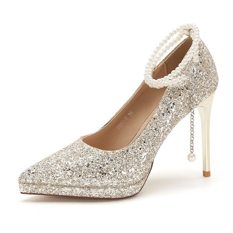 Gyöngyös vízálló platformos magassarkú, szuper magas sarkú cipők nőknek 2025 tavasz és nyár új hegyes orrú stiletto pezsgőszínű kristályos menyasszonyi esküvői cipők