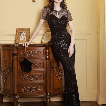 Večernja haljina s prekograničnim efektom, crna haljina kratkih rukava koja prekriva ruke, banketna haljina za mršavljenje za žene, vrhunska uska suknja s ribljim repom