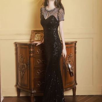 Večernja haljina s prekograničnim efektom, crna haljina kratkih rukava koja prekriva ruke, banketna haljina za mršavljenje za žene, vrhunska uska suknja s ribljim repom