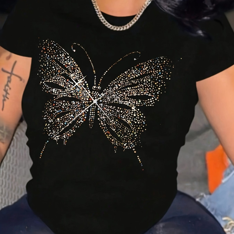 Ljetna ležerna majica kratkih rukava s uzorkom sjajnih leptira, 95% poliester, 5% rastezljivo pletivo
