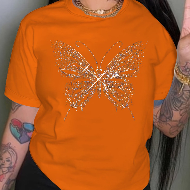 Ljetna ležerna majica kratkih rukava s uzorkom sjajnih leptira, 95% poliester, 5% rastezljivo pletivo