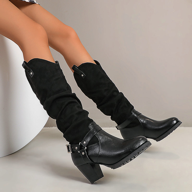 Toc gros, cizme de mijloc pentru femei, toc înalt, toc toc, toc înalt, stil britanic, cizme Martin, cizme până la genunchi, cizme de damă, toc înalt ...