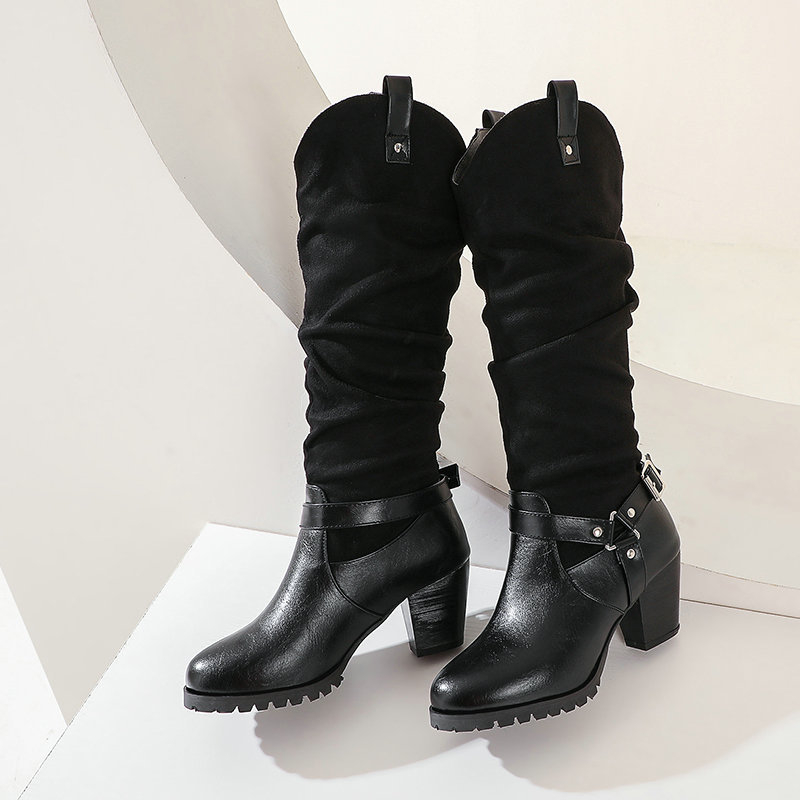 Toc gros, cizme de mijloc pentru femei, toc înalt, toc toc, toc înalt, stil britanic, cizme Martin, cizme până la genunchi, cizme de damă, toc înalt ...