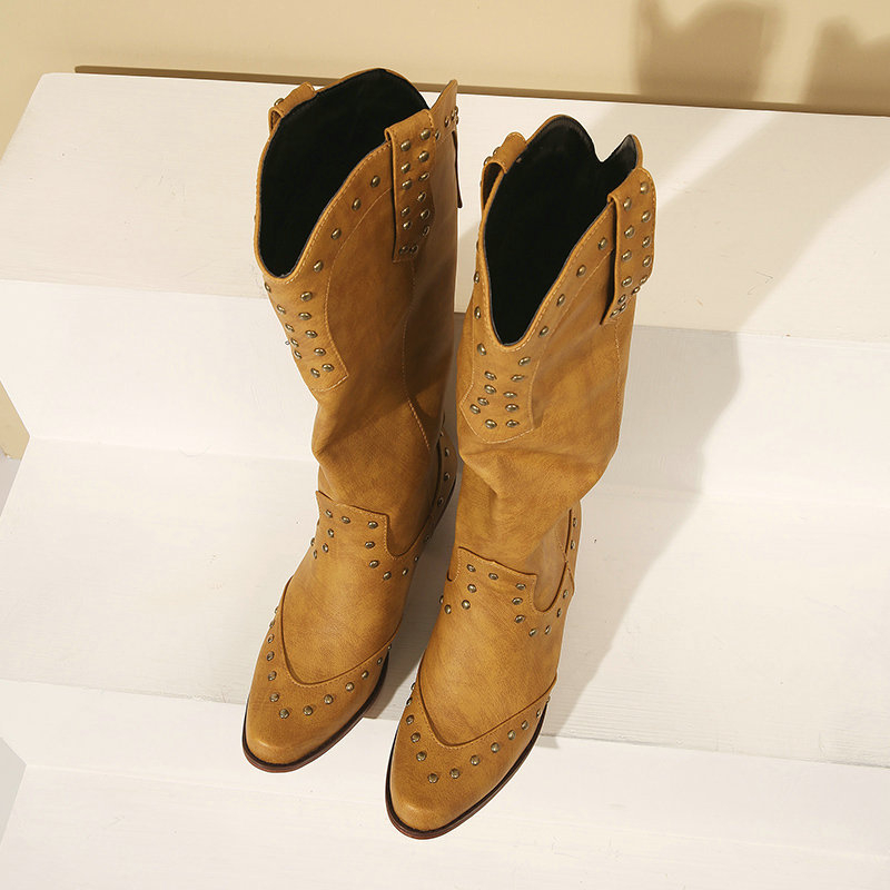 Külkereskedelmi női csizma Chelsea csizma Szögletes orr Vastag sarok Magas sarkú Szegecs Díszes lábfej Térdig érő csizma Martin női csizma