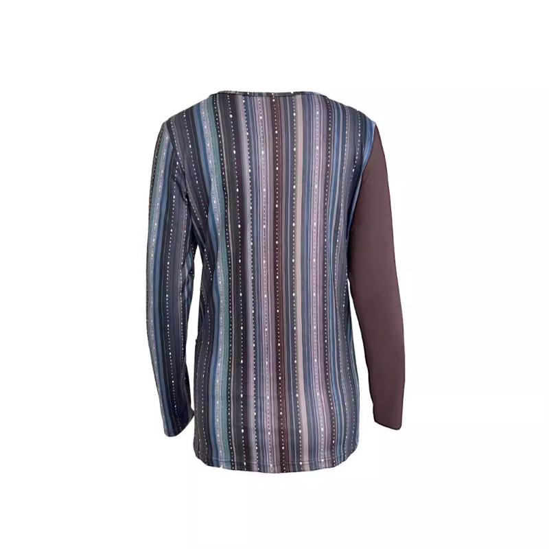 2024 tavaszi és őszi divatos európai és amerikai női új, kerek nyakú, egyszínű varrással nyomtatott, hétköznapi hosszú ujjú, laza felsőrész