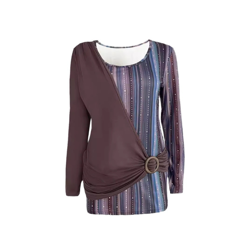 2024 tavaszi és őszi divatos európai és amerikai női új, kerek nyakú, egyszínű varrással nyomtatott, hétköznapi hosszú ujjú, laza felsőrész