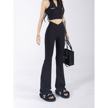 Черни тесни панталони за жени, есенни, нови, с висока талия, драпиращи се, отслабващи, V-образна талия, дизайн, горещи момичета, спортни панталони за йога