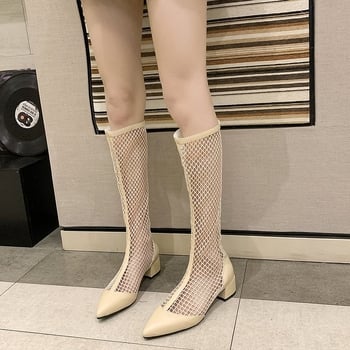 Λεπτές, αναπνεύσιμες μακριές μπότες με χοντρά τακούνια, μυτερή μύτη, λεπτές μπότες ιππασίας, ψηλοτάκουνα σανδάλια, καλοκαιρινές ψηλοτάκουνες μπότες με πλέγμα