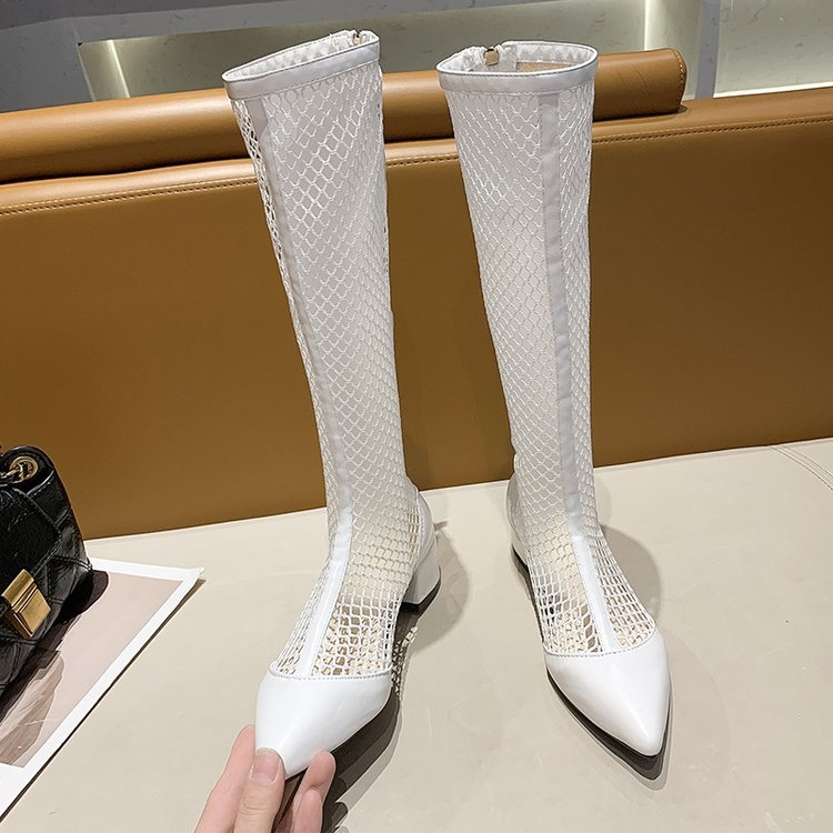 Vékony, lélegző, hosszú hálós csizma vastag sarkú cipőkkel, hegyes orrú, karcsúsított lovaglócsizma, magas szárú, üreges szandál, nyári magas sarkú hálós csizma