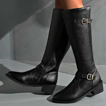 Külkereskedelmi plus size Knight bőr csizma női új oldalsó cipzáras, magas hordós övcsattal, egyszínű európai és amerikai négy évszakos divatos csizma