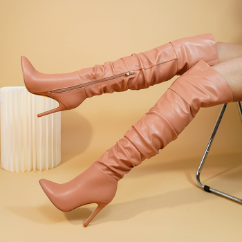 Határon átnyúló, oldalsó cipzáras női csizma, magas sarkú, európai és amerikai, szexi, vékony sarkú, térdig érő, karcsúsító bőr lovagcsizma