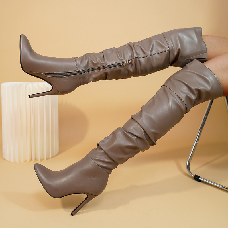 Határon átnyúló, oldalsó cipzáras női csizma, magas sarkú, európai és amerikai, szexi, vékony sarkú, térdig érő, karcsúsító bőr lovagcsizma