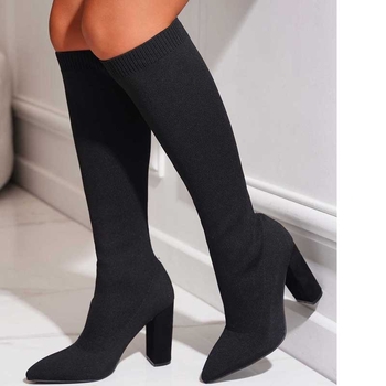 Határon átnyúló külkereskedelmi kötött rugalmas csizma nagy méretű kényelmes középvádárig érő vastag magas sarkú csizma női hegyes orrú magas sarkú csizma