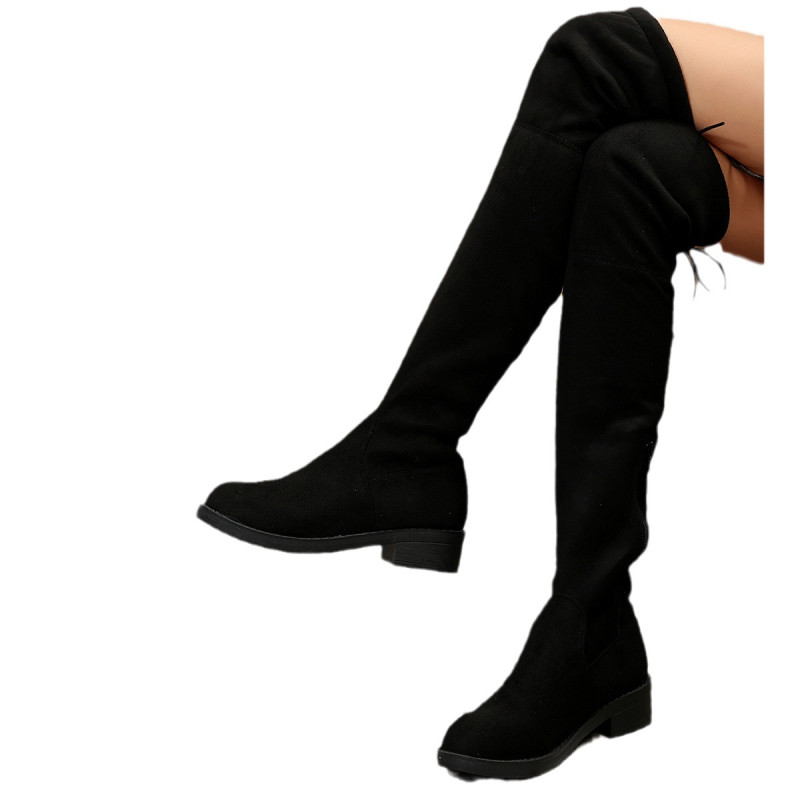 Határon átnyúló, nagy méretű, őszi és téli vastag sarkú velúr térdcsizma, klasszikus, nem avítt, rövid, plüss, fehér ujjú, magas szárú női csizma