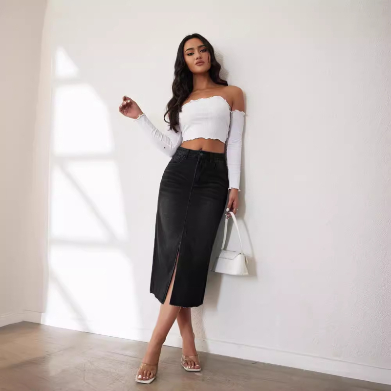 Amazon külkereskedelmi 2024 tavaszi és nyári amerikai retró utcai dizájn középen hasított, magas derekú farmerszoknya