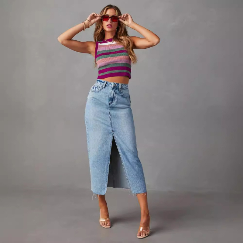 Amazon külkereskedelmi 2024 tavaszi és nyári amerikai retró utcai dizájn középen hasított, magas derekú farmerszoknya