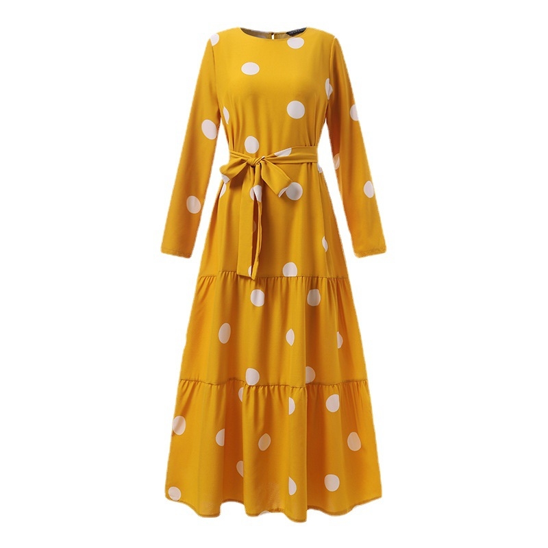 2023 Amazon AliExpress határokon átnyúló közel-keleti muszlim új nagyméretű pöttyös nyomtatott öves hosszú ruha