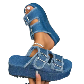 Nyári új külkereskedelmi plus size eresztett sarkú farmer övcsatos bebújós szandálok európai és amerikai hétköznapi felsőruházat női cipők