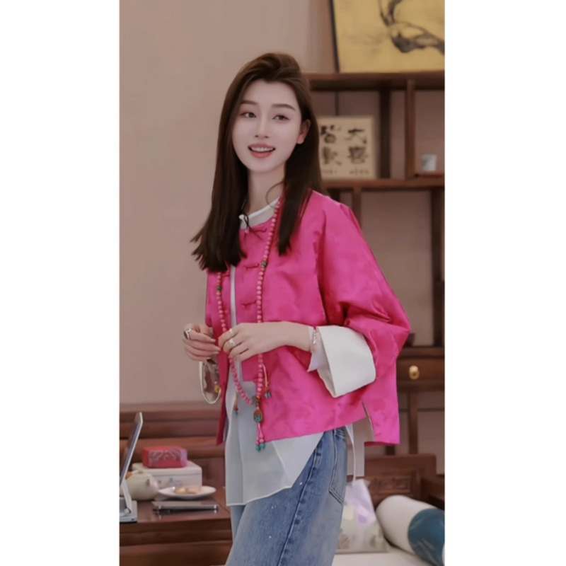 Νέο Κινέζικο Στυλ Ρετρό Εθνικό Στυλ Νεανικό Τανγκ Κοστούμι Τοπ Ροζ Κοντό Μπουφάν με Κουμπιά Γυναικείο 2025 Αρχές Φθινοπώρου Νέο Στυλ