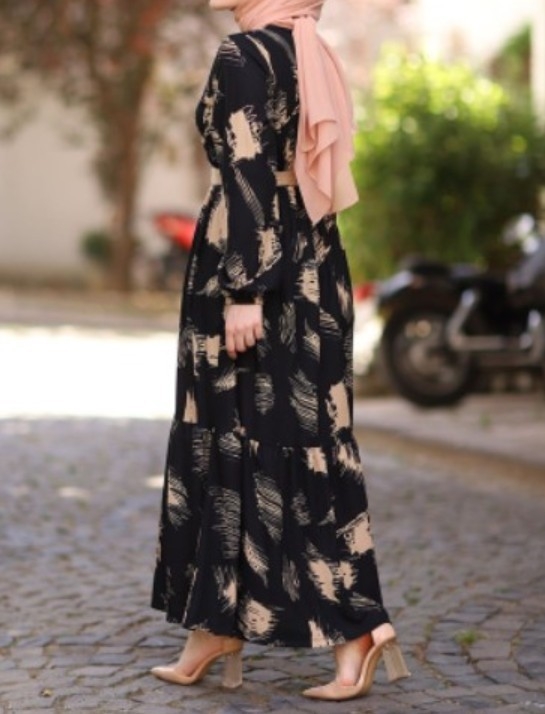 2022WISH Amazon őszi új, magas, kerek nyakú, hosszú ujjú, varrásos, tollal mintás, divatos, hosszú női ruha