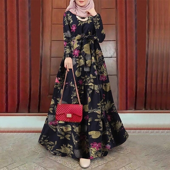 Új, határokon átnyúló, AliExpressz által gyártott muszlim utcai divatos, hosszú ujjú, O-galléros, nyomtatott, elegáns, bő ruha