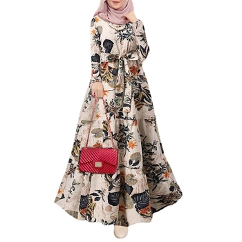 Új, határokon átnyúló, AliExpressz által gyártott muszlim utcai divatos, hosszú ujjú, O-galléros, nyomtatott, elegáns, bő ruha