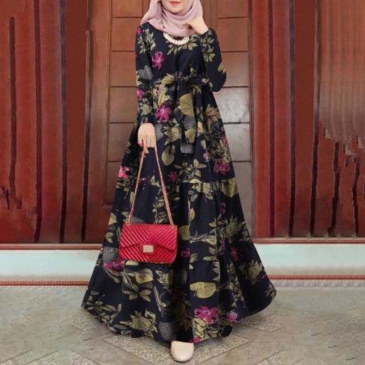 Új, határokon átnyúló, AliExpressz által gyártott muszlim utcai divatos, hosszú ujjú, O-galléros, nyomtatott, elegáns, bő ruha