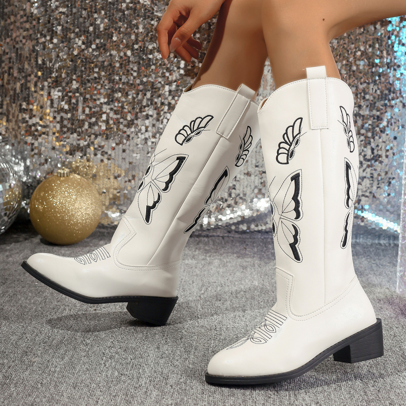 24 Toamna Noul Mijlociu Cizme Vintage Brodate Comerț Exterior plus mărime Grosime Talpă Groasă Toc European și American Casual Îmbrăcăminte Exterioară Cizme Martin pentru Femei