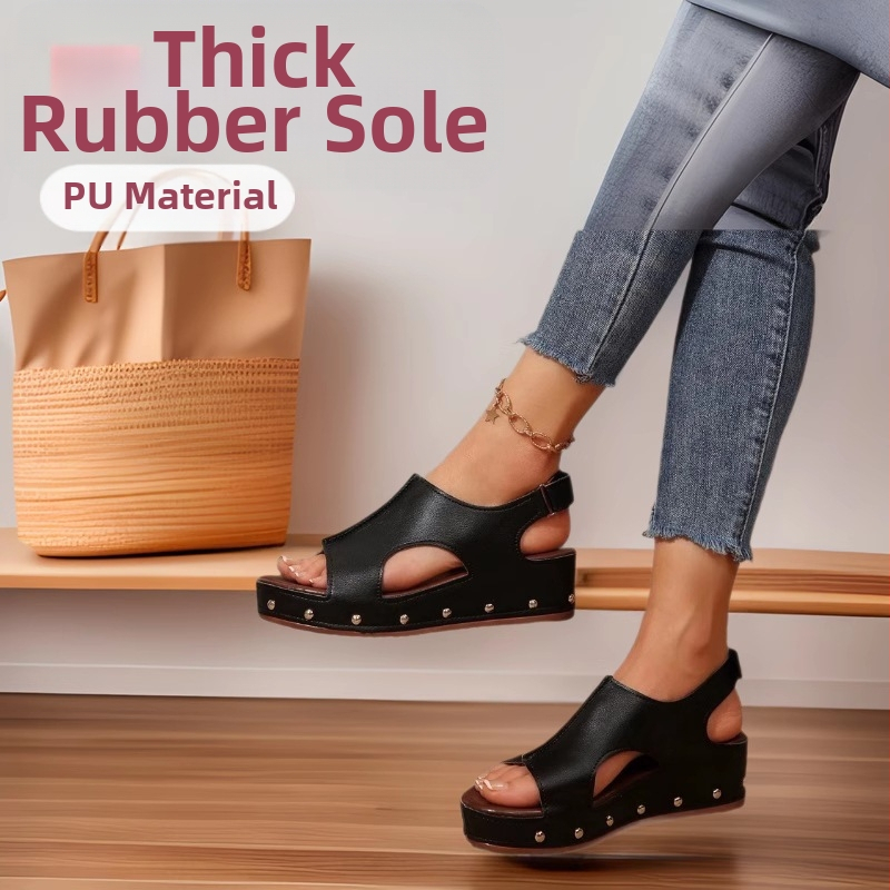 Határokon átnyúló európai és amerikai muffin vastag talpú magas sarkú női szandálok 2025 új tépőzáras plus size szegecs lapos sarkú szandálok