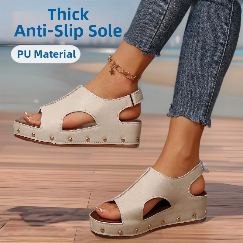 Трансгранични европейски и американски сандали с дебела подметка и висок ток за жени, 2025 нови, велкро, големи размери, плоски сандали с нитове