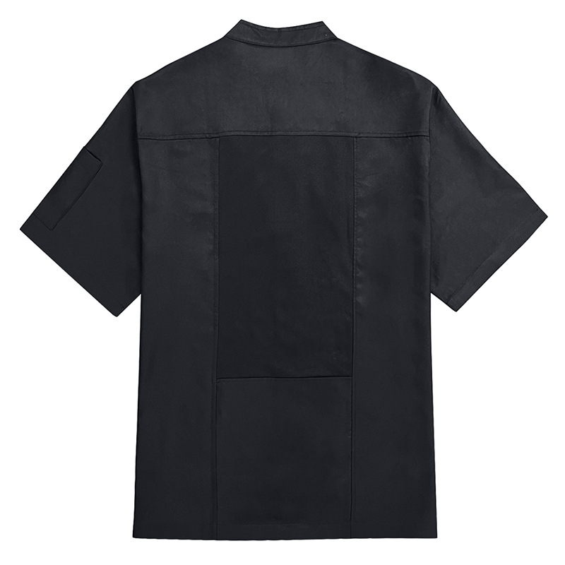 Vyriški vienspalviai virėjo drabužiai su stovima apykakle, trumpomis rankovėmis, atsparūs riebalams ir apsaugai nuo užsiteršimo, viešbučio restorano virtuvės maisto gaminimui, patogūs drabužiai, profesionalūs drabužiai.